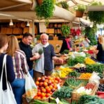 Marché avec produits locaux et sacs réutilisables.