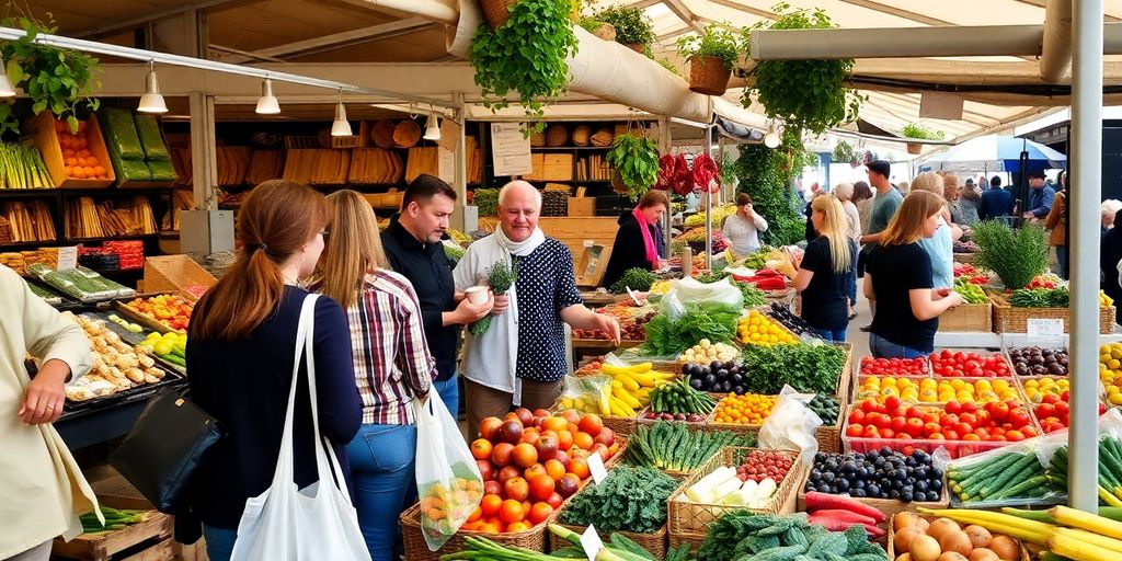 Marché avec produits locaux et sacs réutilisables.