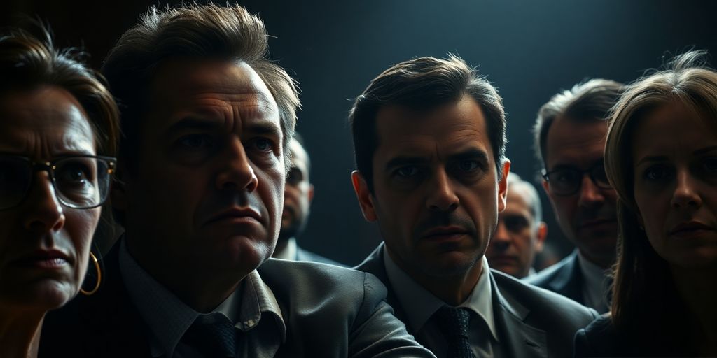 Scène d'audience au tribunal avec des expressions intenses.
