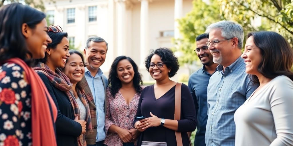 Group of smiling people discussing in front of a government building.