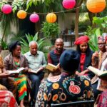 African authors discussing outdoors during an event.