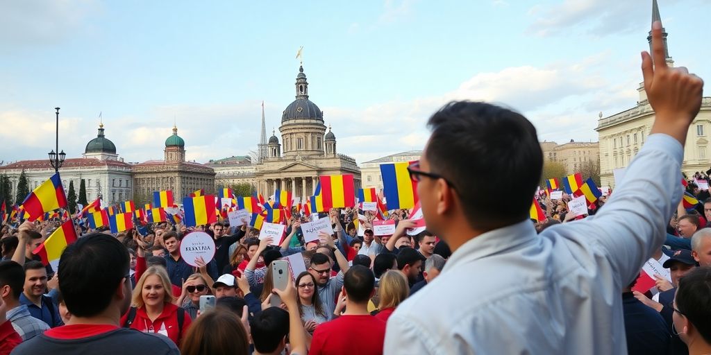 Romanian political scene with voters and rallies.