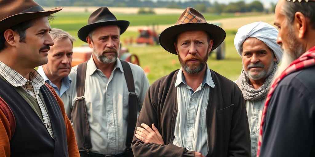 Groupe d'agriculteurs belges en plein air.