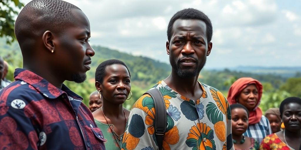 Paysage verdoyant de Gabon avec des citoyens discutant.