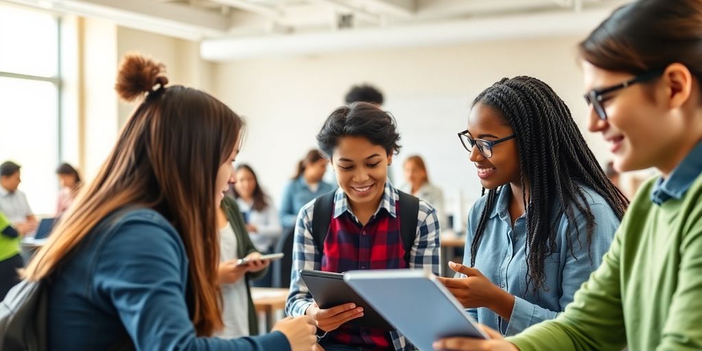 Étudiants et enseignants collaborant dans un cadre éducatif.
