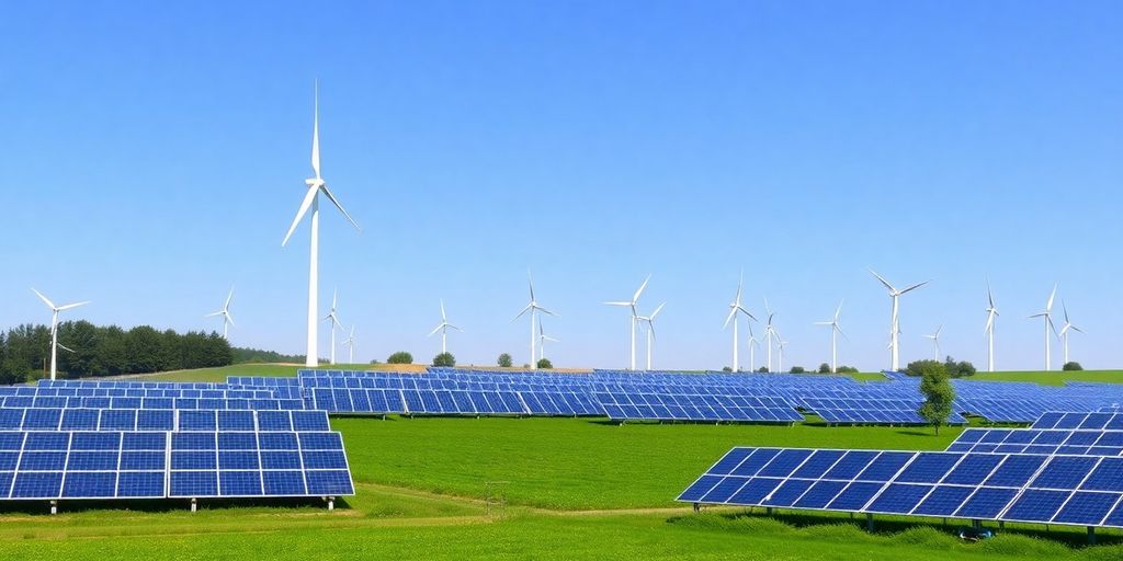 Parc éolien et panneaux solaires en Belgique.