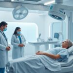 Scène médicale moderne avec professionnels et équipement avancé.