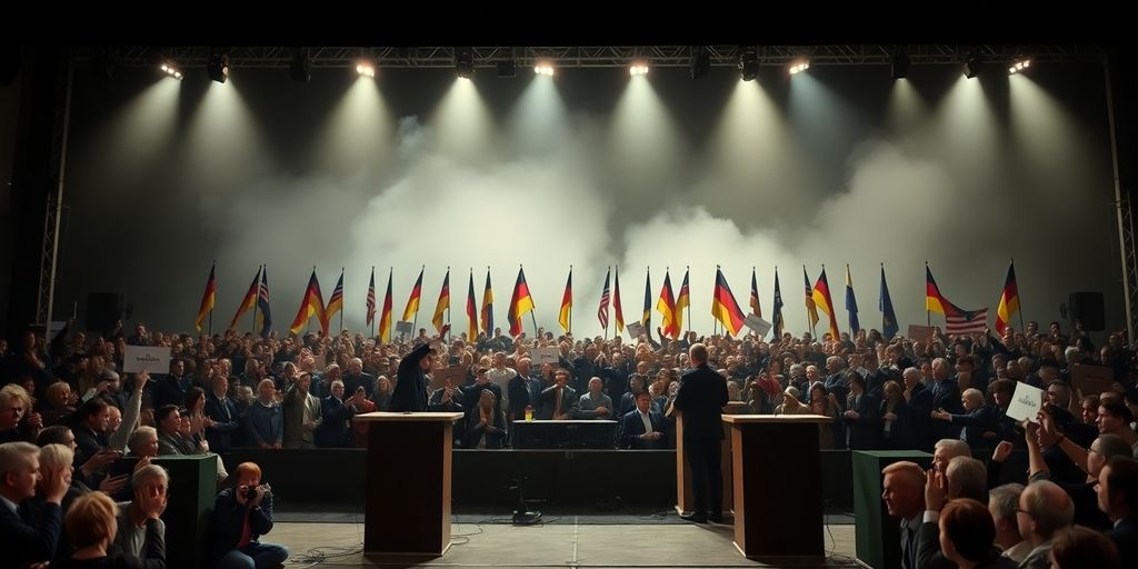 Une scène politique avec des foules divisées et des podiums vides.
