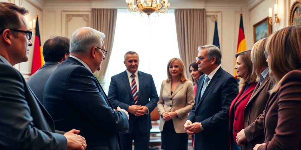 Group of Belgian politicians in formal discussion.