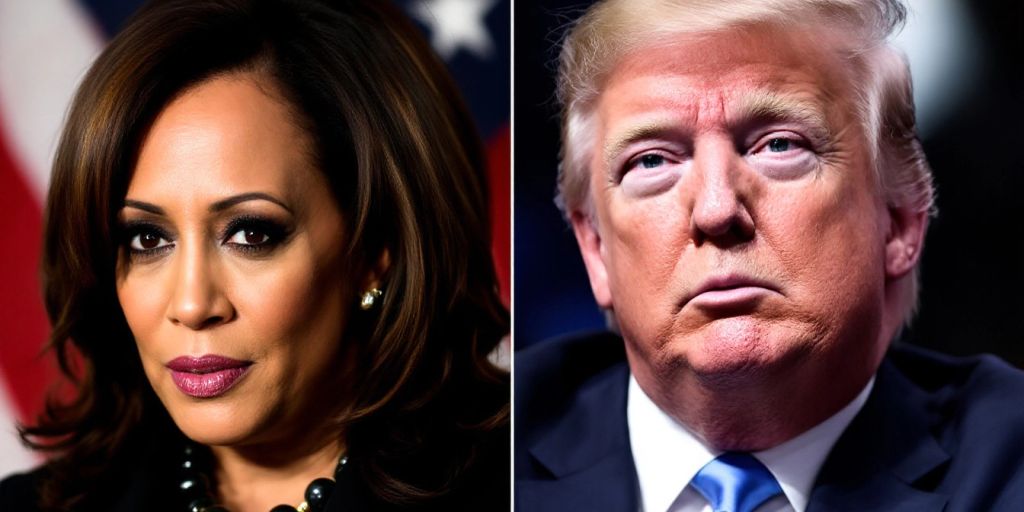 Kamala Harris and Donald Trump portrait facing each other.
