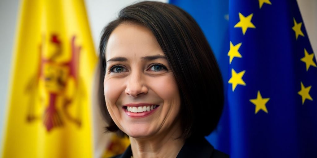 Maia Sandu smiling with the Moldovan and European flags.