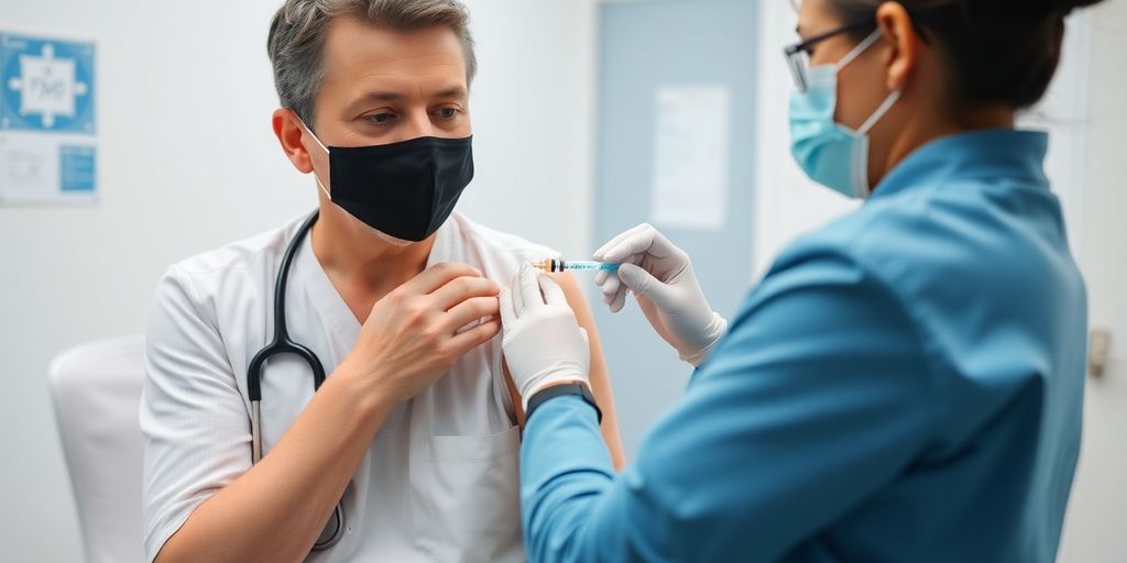 A healthcare professional administering a vaccine to a patient.