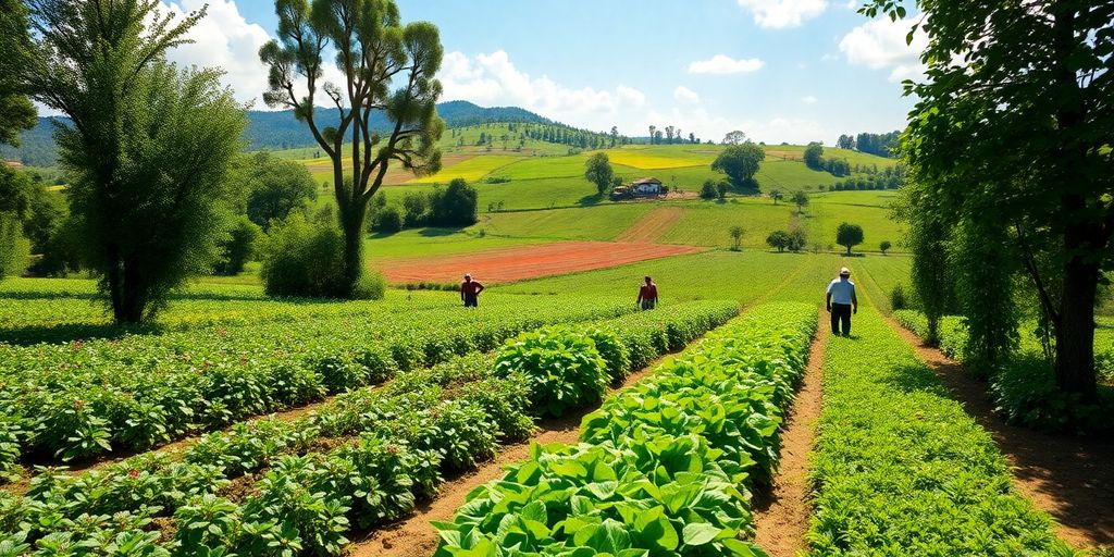 Paysage agricole avec des cultures et des agriculteurs au travail.