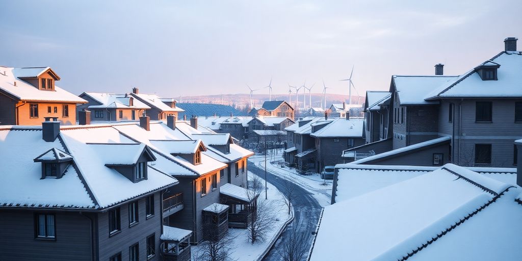 Winter landscape with energy-efficient buildings.